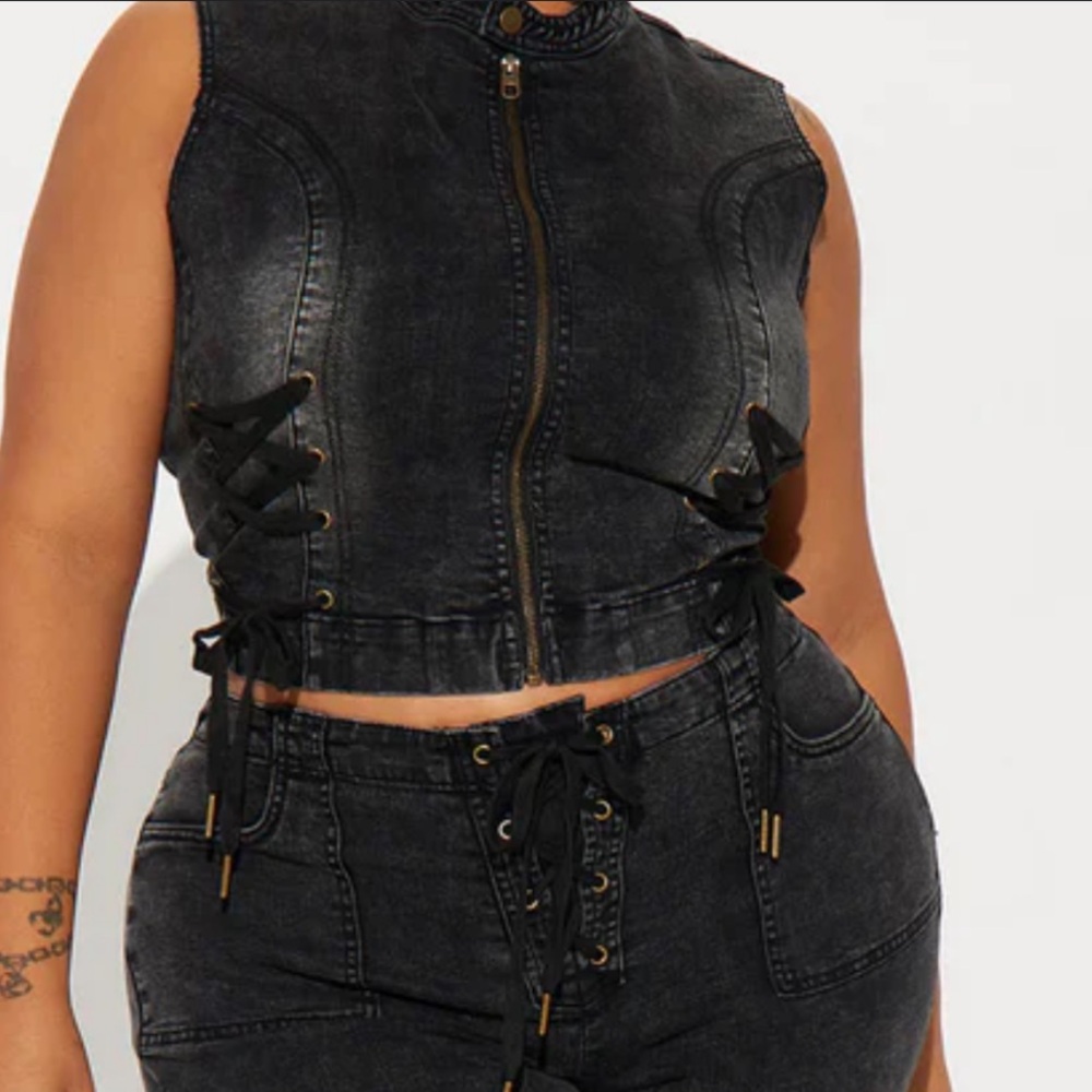 Leveled Up Lace Up Denim Vest - Black Wash